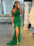 Long Mermaid One Shoulder Sequins Open Back Formal Prom Dresses with Slit by BIZTUNNEL