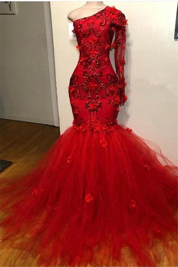Long Mermaid One Shoulder Tulle Lace Prom Dress with sleeves by BIZTUNNEL