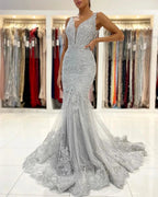 Long Mermaid Open Back V-neck Tulle Lace Prom Dress by BIZTUNNEL