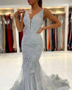 Long Mermaid Open Back V-neck Tulle Lace Prom Dress by BIZTUNNEL