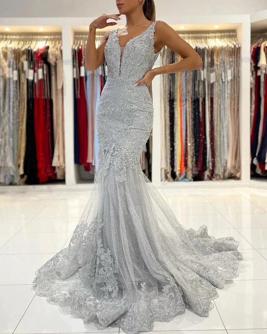 Long Mermaid Open Back V-neck Tulle Lace Prom Dress by BIZTUNNEL