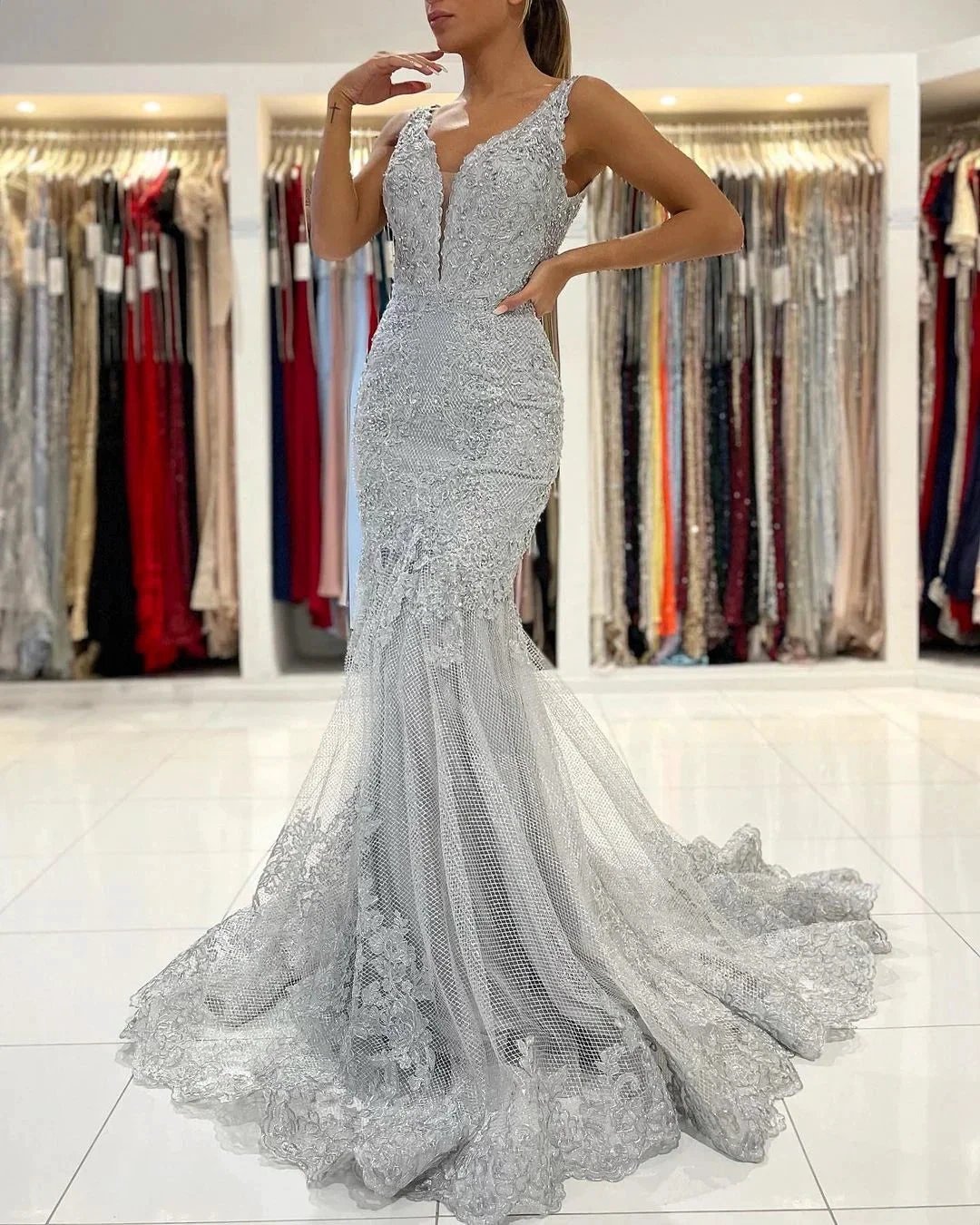 Long Mermaid Open Back V-neck Tulle Lace Prom Dress by BIZTUNNEL