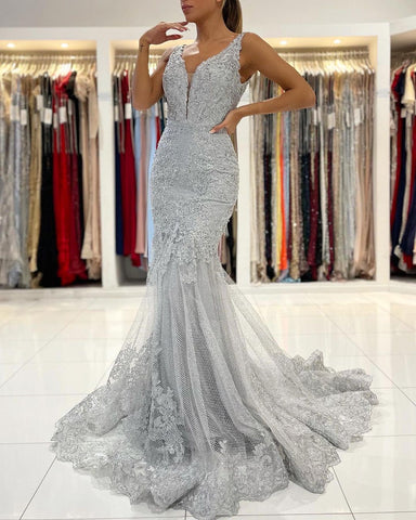 Vestido de fiesta largo de sirena con espalda abierta, escote en V y tul con encaje