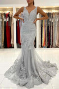 Long Mermaid Open Back V-neck Tulle Lace Prom Dress by BIZTUNNEL