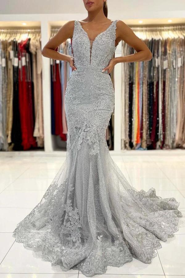 Long Mermaid Open Back V-neck Tulle Lace Prom Dress by BIZTUNNEL