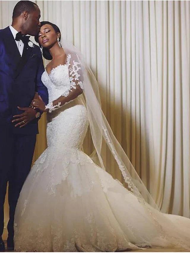 Long Mermaid Scoop Neck Court Train Organza Wedding Dresses with Sleeves by BIZTUNNEL