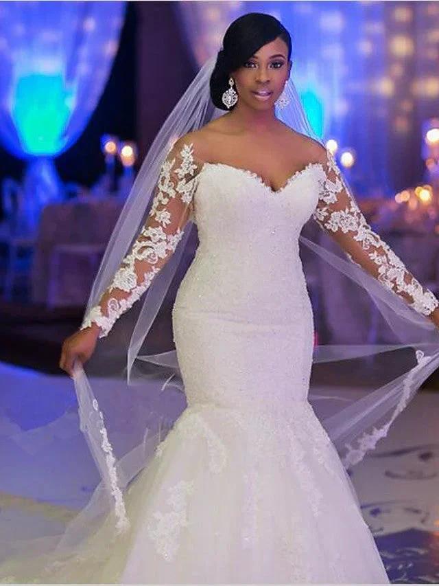 Long Mermaid Scoop Neck Court Train Organza Wedding Dresses with Sleeves by BIZTUNNEL