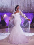 Long Mermaid Scoop Neck Court Train Organza Wedding Dresses with Sleeves by BIZTUNNEL