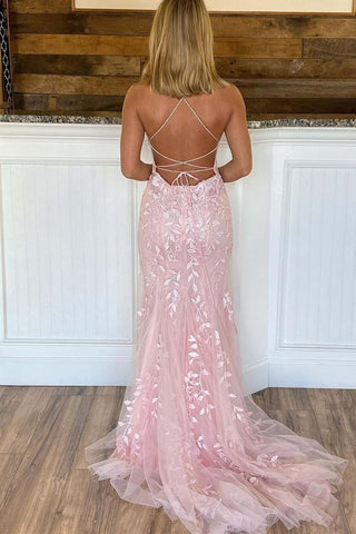 Long Mermaid Scoop Neck Lace Open Back Prom Dress Pink Formal Evening Dresses