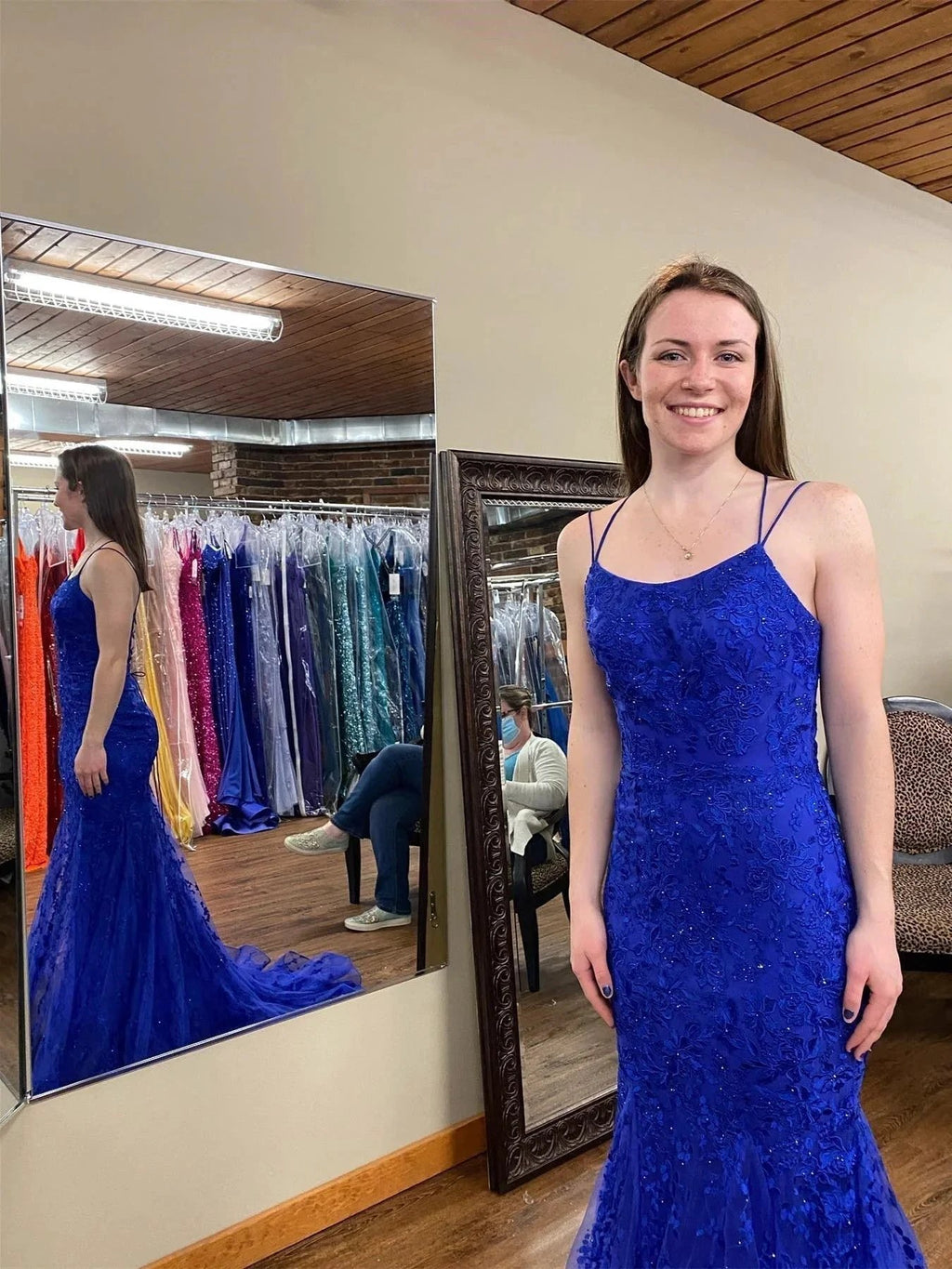 Long Mermaid Scoop Neck Lace Open Back Prom Dress Royal Blue Formal Evening Gowns by BIZTUNNEL