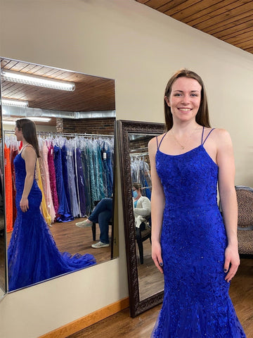 Vestido de fiesta largo de sirena con escote redondo y encaje en la espalda abierta, color azul real, vestidos de noche formales