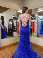 Long Mermaid Scoop Neck Lace Open Back Prom Dress Royal Blue Formal Evening Gowns by BIZTUNNEL