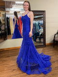 Long Mermaid Scoop Neck Lace Open Back Prom Dress Royal Blue Formal Evening Gowns by BIZTUNNEL