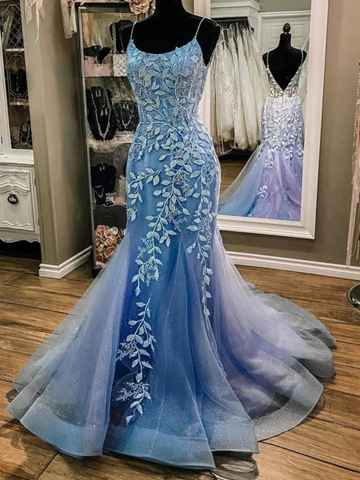 Long Mermaid Scoop Neck Tulle Backless Lace Prom Dress Blue Formal Evening Gowns by BIZTUNNEL
