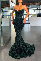 Long Mermaid Sequined Dark Green Prom Dress by BIZTUNNEL