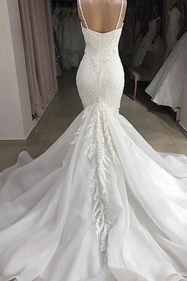 Long Mermaid Spaghetti Strap Appliques Lace Wedding Dress by BIZTUNNEL