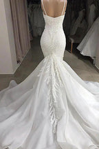 Long Mermaid Spaghetti Strap Appliques Lace Wedding Dress by BIZTUNNEL