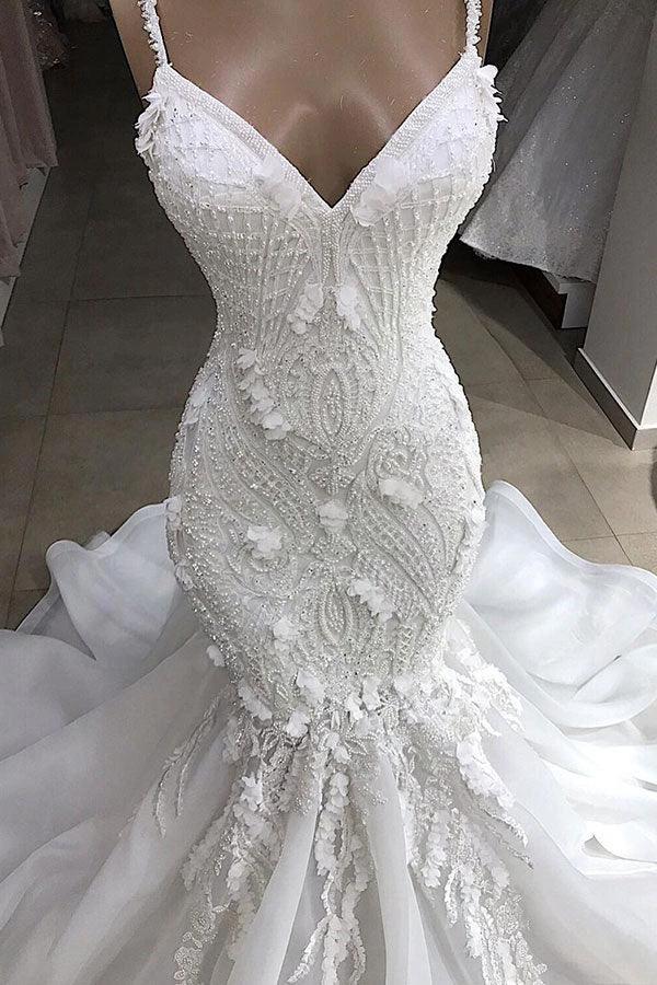 Long Mermaid Spaghetti Strap Appliques Lace Wedding Dress by BIZTUNNEL