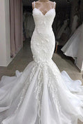Long Mermaid Spaghetti Strap Appliques Lace Wedding Dress by BIZTUNNEL