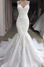 Long Mermaid Spaghetti Strap Appliques Lace Wedding Dress by BIZTUNNEL