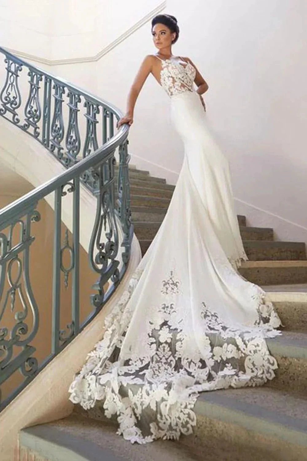 Long Mermaid Spaghetti Strap Lace Backless Wedding Dress by BIZTUNNEL