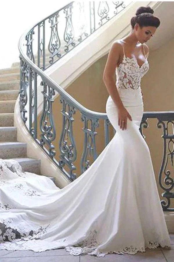 Long Mermaid Spaghetti Strap Lace Backless Wedding Dress by BIZTUNNEL
