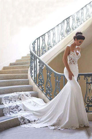 Long Mermaid Spaghetti Strap Lace Backless Wedding Dress