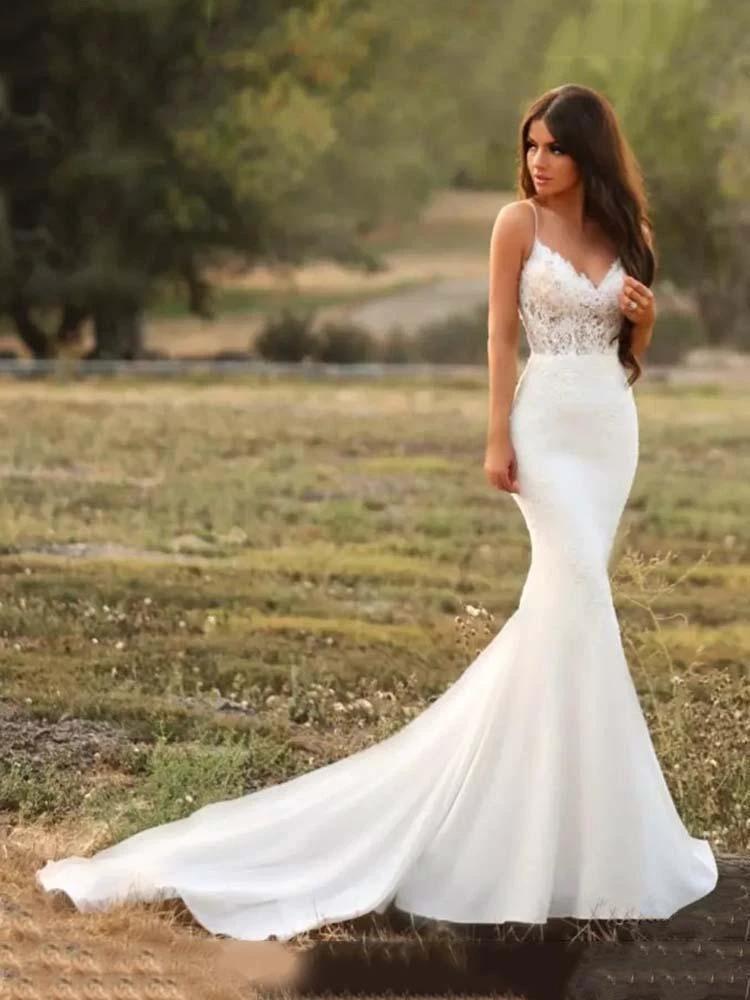 Long Mermaid Spaghetti Strap V Neck Satin Lace Wedding Dresses by BIZTUNNEL