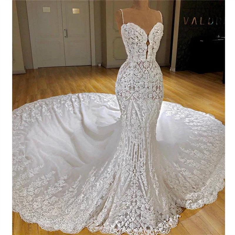 Long Mermaid Spaghetti Straps Appliques Lace Wedding Dress With Cathedral Train by BIZTUNNEL