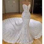 Long Mermaid Spaghetti Straps Appliques Lace Wedding Dress With Cathedral Train by BIZTUNNEL