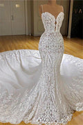 Long Mermaid Spaghetti Straps Appliques Lace Wedding Dress With Cathedral Train by BIZTUNNEL