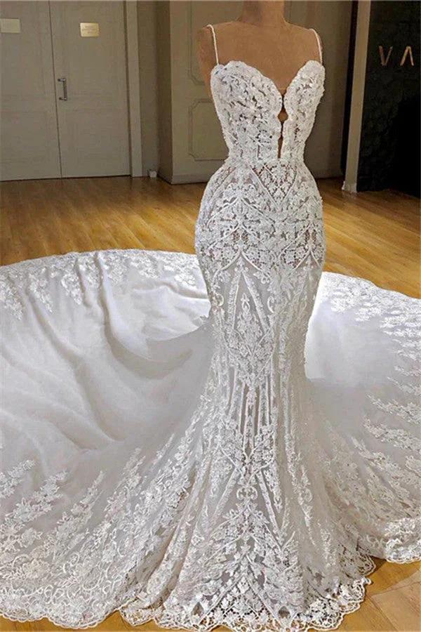 Long Mermaid Spaghetti Straps Appliques Lace Wedding Dress With Cathedral Train by BIZTUNNEL