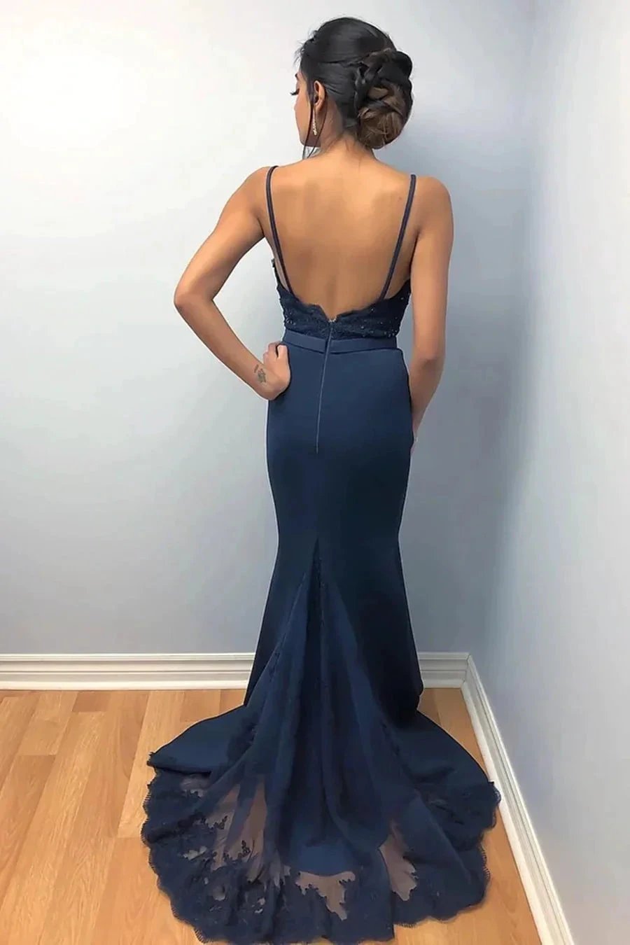 Long Mermaid Spaghetti Straps Backless Lace Beaded Prom Formal Evening Dresses by BIZTUNNEL
