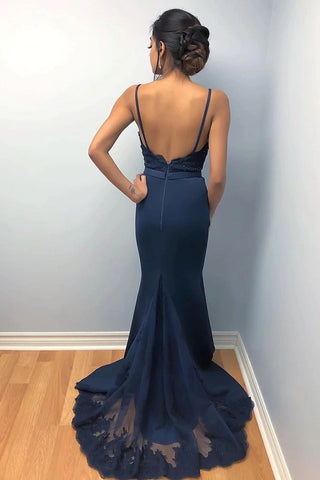 Vestidos de noche formales de fiesta con encaje y cuentas, espalda descubierta y tirantes finos de sirena largos