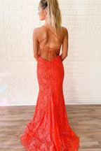 Long Mermaid Spaghetti Straps Lace Open Back Formal Prom Dress by BIZTUNNEL
