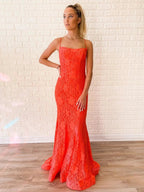 Long Mermaid Spaghetti Straps Lace Open Back Formal Prom Dress by BIZTUNNEL