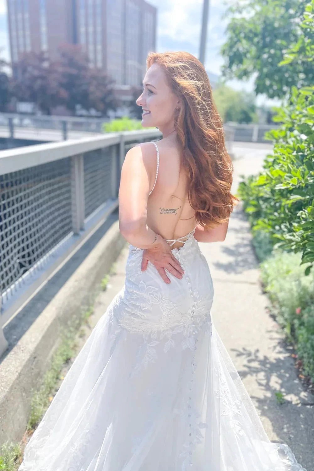 Long Mermaid Spaghetti Straps Sweetheart Appliques Lace Open Back Wedding Dress by BIZTUNNEL