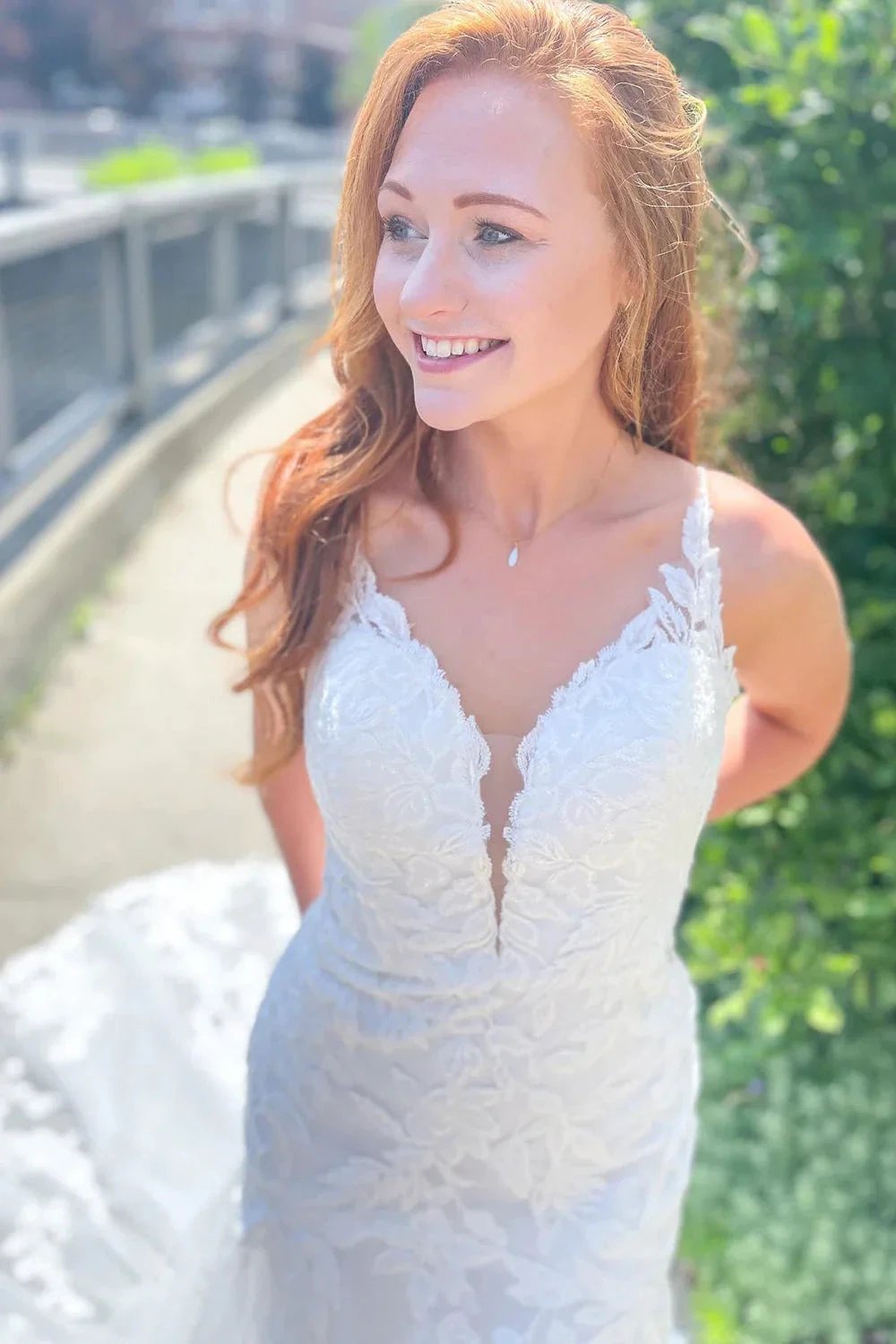 Long Mermaid Spaghetti Straps Sweetheart Appliques Lace Open Back Wedding Dress by BIZTUNNEL