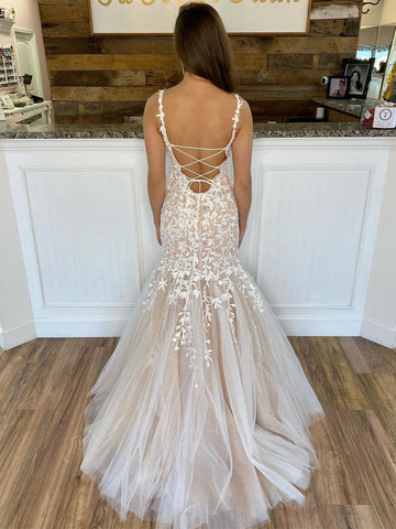 Vestidos de fiesta formales de sirena largos con tirantes finos, tul, encaje y espalda descubierta