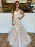 Long Mermaid Spaghetti Straps Tulle Lace Backless Formal Prom Dresses by BIZTUNNEL