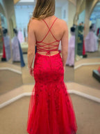 Long Mermaid Spaghetti Straps Tulle Lace Open Back Prom Dress Red Formal Evening Gowns by BIZTUNNEL