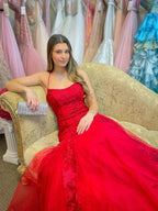 Long Mermaid Spaghetti Straps Tulle Lace Open Back Prom Dress Red Formal Evening Gowns by BIZTUNNEL