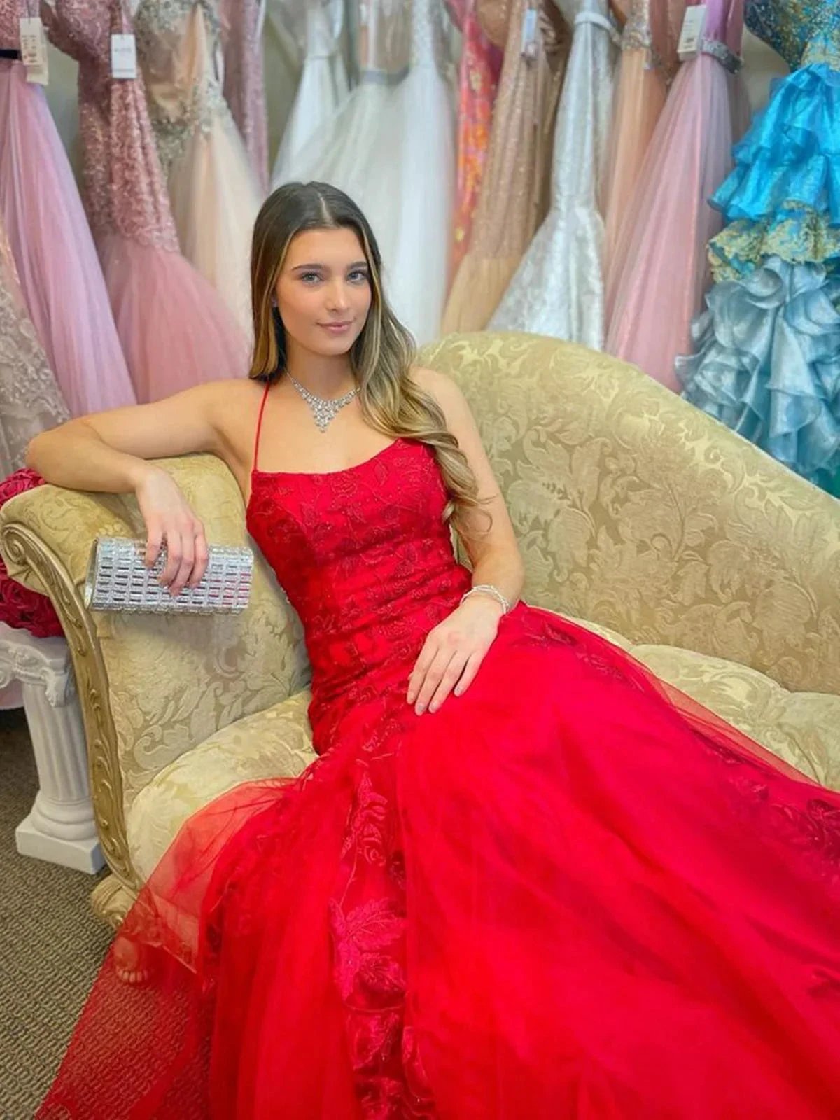 Long Mermaid Spaghetti Straps Tulle Lace Open Back Prom Dress Red Formal Evening Gowns by BIZTUNNEL
