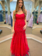 Long Mermaid Spaghetti Straps Tulle Lace Open Back Prom Dress Red Formal Evening Gowns by BIZTUNNEL