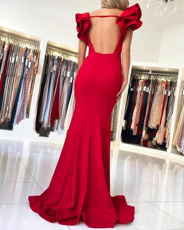 Long Mermaid Square Neckline Satin Open Back Red Prom Dresses by BIZTUNNEL