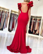 Long Mermaid Square Neckline Satin Open Back Red Prom Dresses by BIZTUNNEL