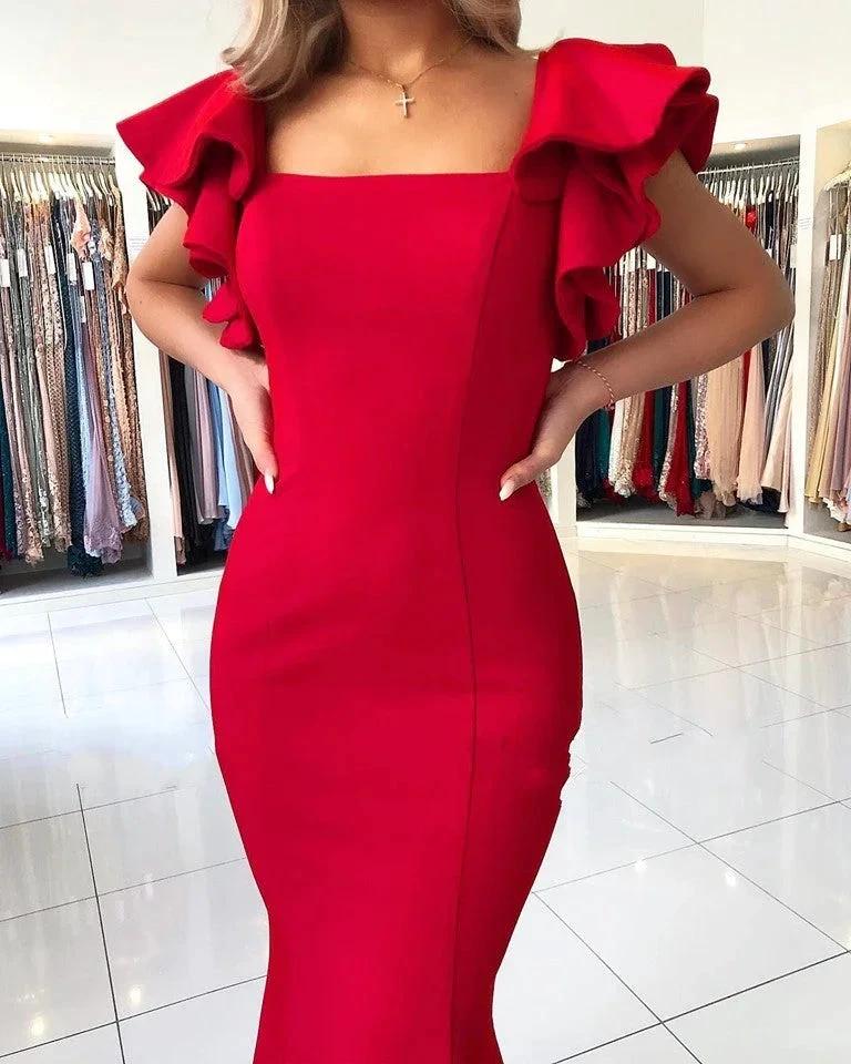 Long Mermaid Square Neckline Satin Open Back Red Prom Dresses by BIZTUNNEL