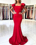 Long Mermaid Square Neckline Satin Open Back Red Prom Dresses by BIZTUNNEL