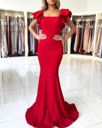 Long Mermaid Square Neckline Satin Open Back Red Prom Dresses by BIZTUNNEL