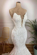 Long Mermaid Strapless Appliques Lace Satin Wedding Dress by BIZTUNNEL